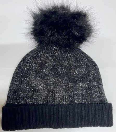 Ladies Black Glitter Pompom Hat With Fleece - MH040BK