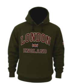 London England Embroidered Hoodie - Olive Green