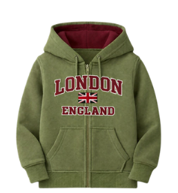 London England Kid's Embroidered Hoodie - Olive Green